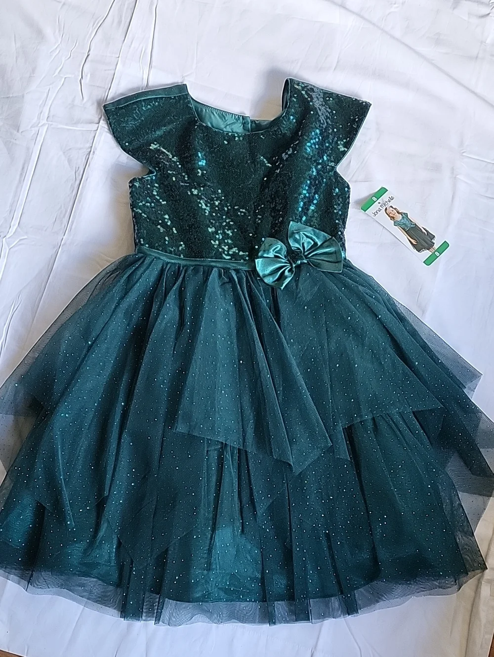 Jona Michelle Teal Sequin & Tulle Party Dress with Bow